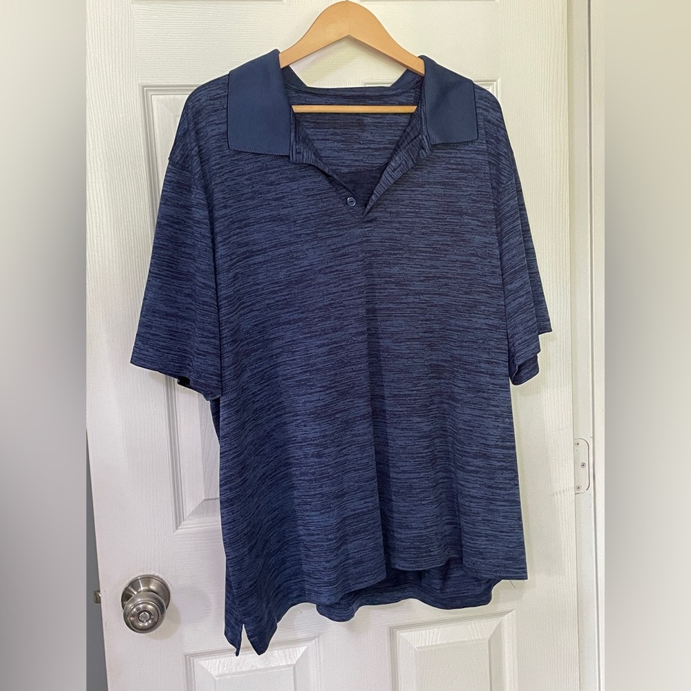 Blue Heathered Men's 2XL Short Sleeve Polo Shirt, Collared, Button Accent